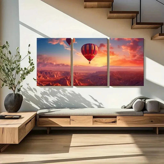 3pcs Hot Air Balloon Landscape Sunset Glow Metal Print Ready to Hang Art
