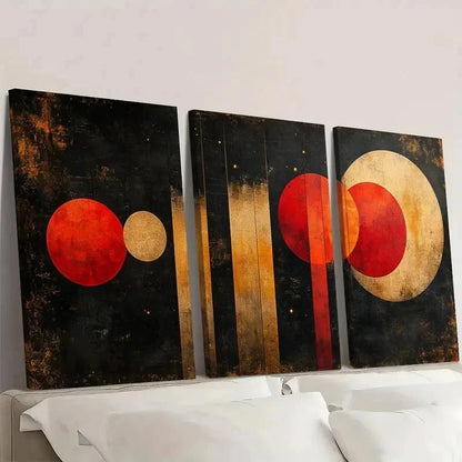 3pcs Geometric Circles & Lines Red FI  Wall Art Set Canvas Framed 40x60cm - High Quality Print 100% Australian Made Wall Canvas Ready to Hang
