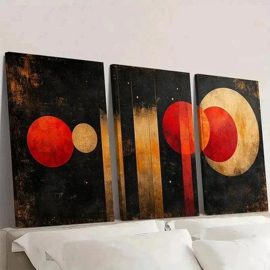 3pcs Geometric Circles & Lines Red FI  Wall Art Set Canvas Framed 40x60cm - High Quality Print 100% Australian Made Wall Canvas Ready to Hang