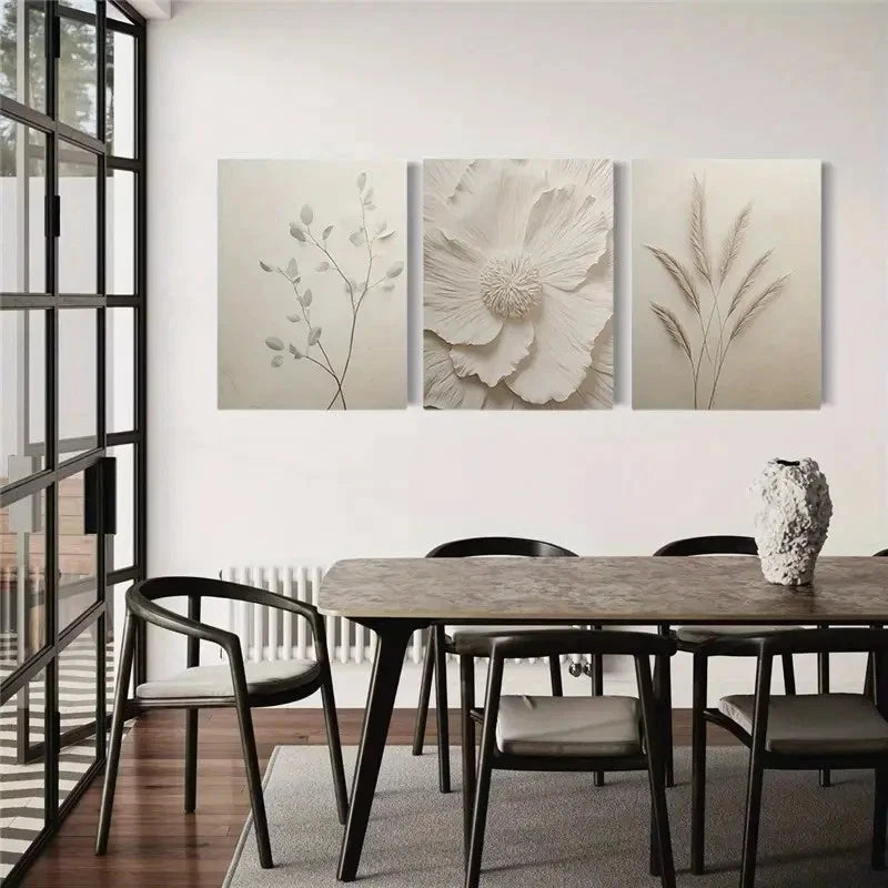 3pcs Elegant Floral and Leaf Designs in Beige Metal Print Ready to Hang Art