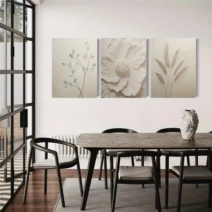 3pcs Elegant Floral and Leaf Designs in Beige Metal Print Ready to Hang Art