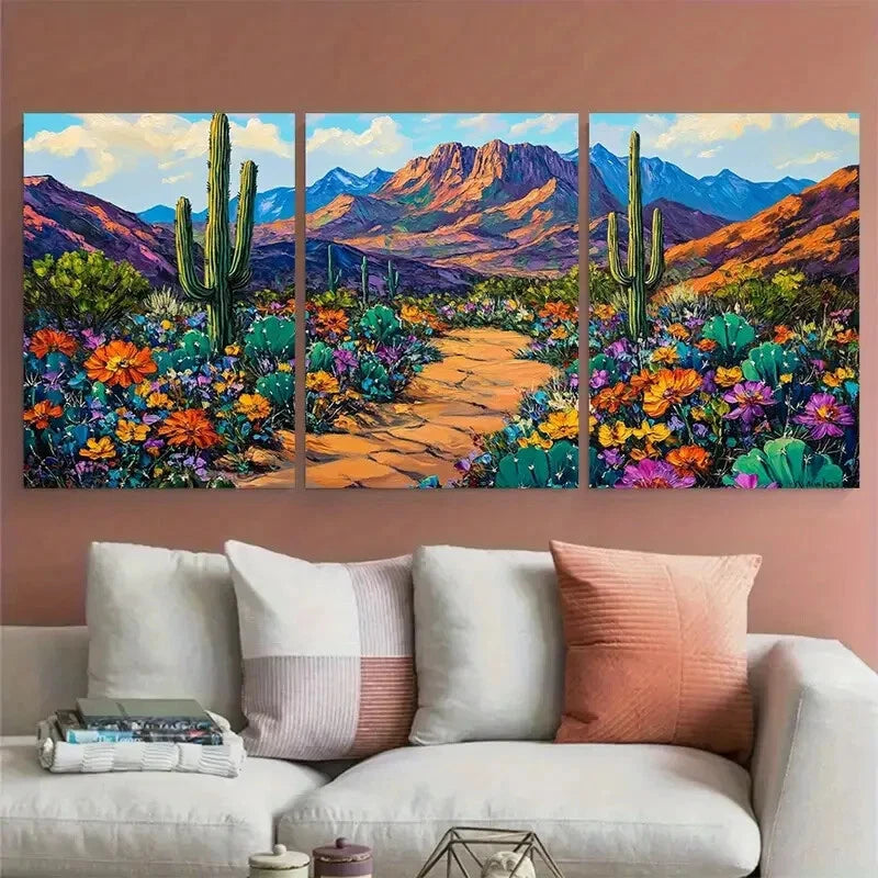 3pcs Southwest Mountain Vibrant Desert Wildflower Metal Print Ready to Hang Art