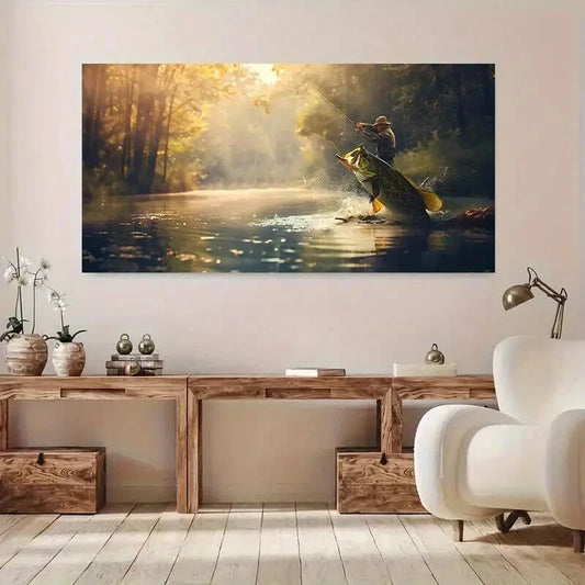 Fishing Scene River Trees wall canvas office home room framed 120x60cm - Bella Home Decor