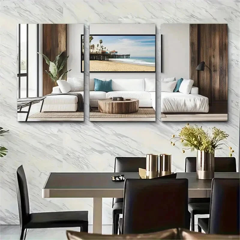 3pcs Santa Monica Pier Beach Scene Posters Metal Print Ready to Hang Art