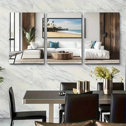 3pcs Santa Monica Pier Beach Scene Posters Metal Print Ready to Hang Art