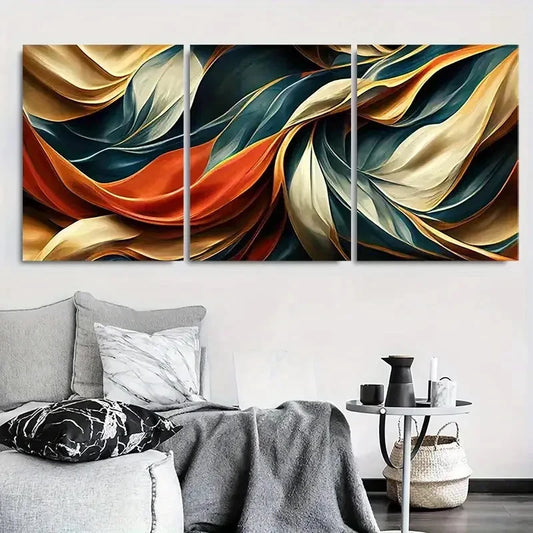 3pcs Vibrant Orange Blue & Cream Curves Metal Print Ready to Hang Art