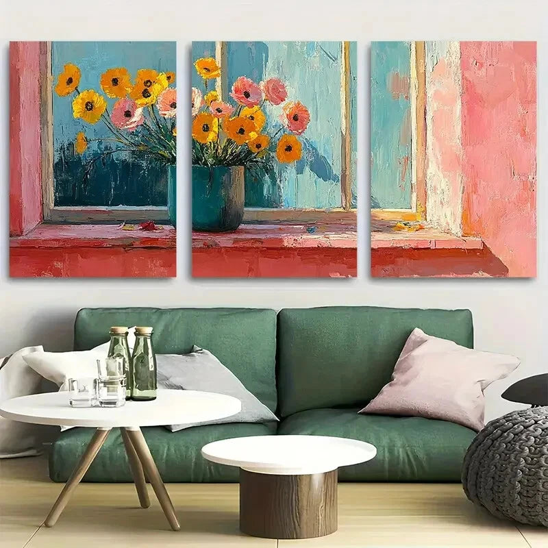 3pcs Floral in Vase close to Window Design Metal Print Ready to Hang Art