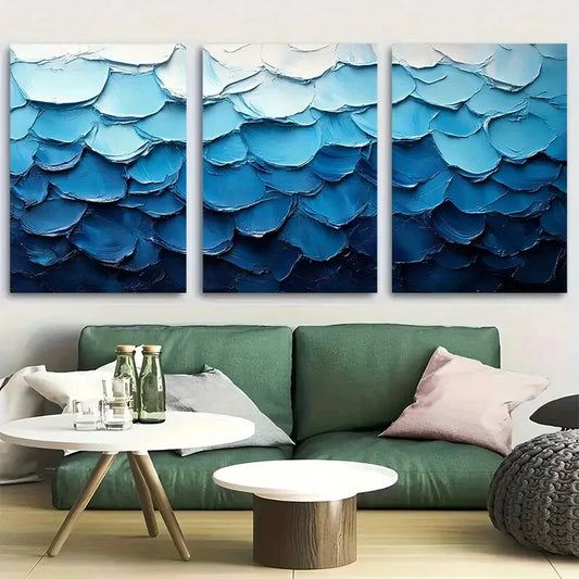 3pcs Textured Brushstroke in Bold Teal Metal Print Ready to Hang Art