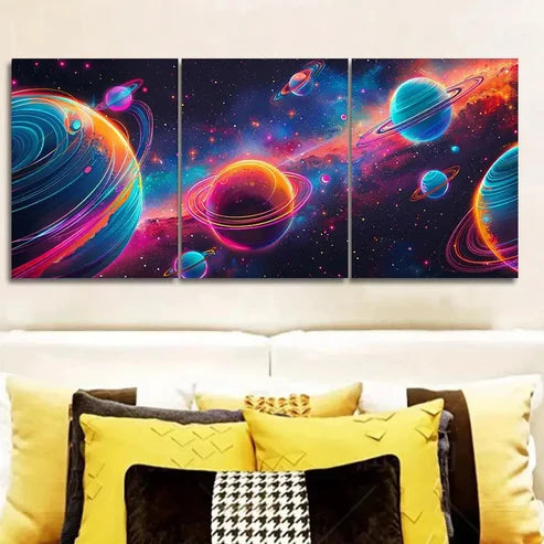 3pcs Neon Galaxy Design with Planets & Stars Wall Art Set Canvas Unframed - High Quality Print 100% Australian Made Wall Canvas