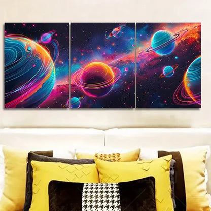 3pcs Neon Galaxy Design with Planets & Stars Wall Art Set Canvas Unframed - High Quality Print 100% Australian Made Wall Canvas