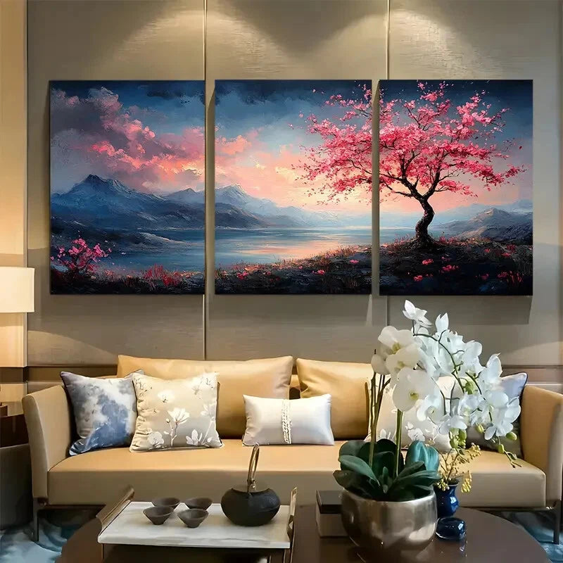 3pcs Featuring Pink Trees & Serene Mountain Scene Metal Print Ready to Hang Art