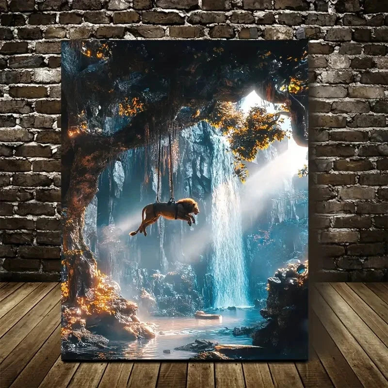 Cyberpunk Lion Swing Scene with Crystal Painting 40x60cm Metal Print Ready to Hang