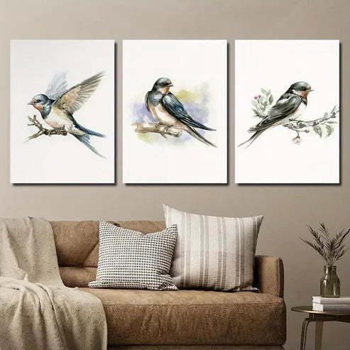 3pcs Bird Illustration on Tree Branch Wall Art Set Canvas Unframed - High Quality Print 100% Australian Made Wall Canvas