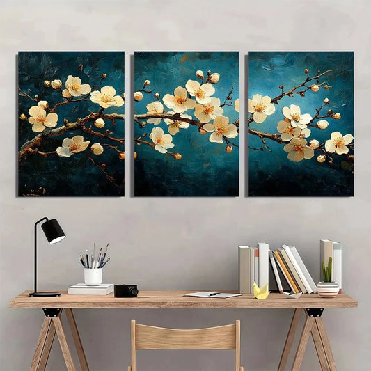 3pcs Vibrant Blossoming Almond Tree Metal Print Ready to Hang Art