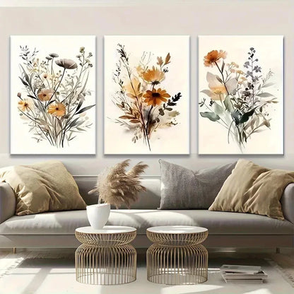 3pcs Wildflower Art Painting Bohemian Style Metal Print Ready to Hang Art