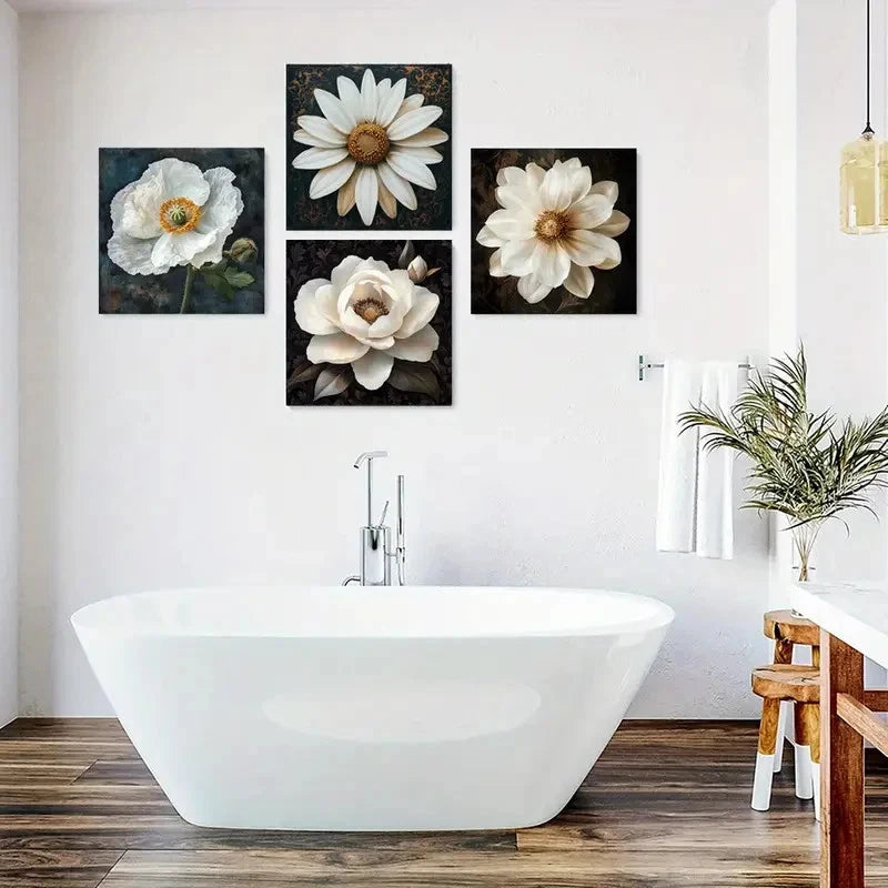 4pcs Roses Poster, Eucalyptus Leaves Wall Art Canvas Framed