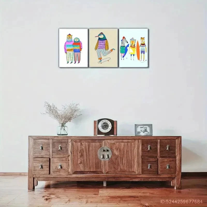 3Pcs Leopard And Sloth Surfer Drawing Beach Surfing Metal Print Ready to Hang