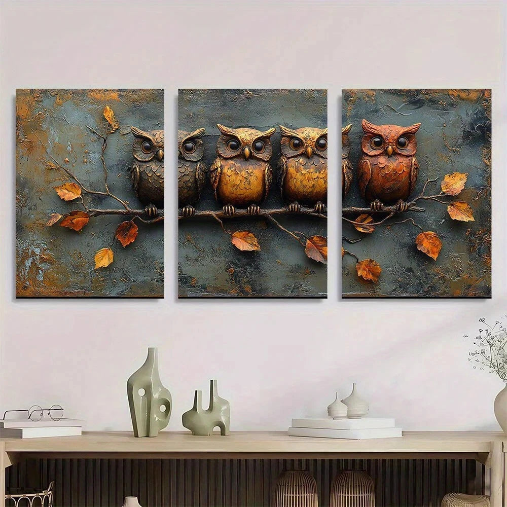3pcs Vintage Owls Are On Branches Golden Leaves Metal Print Ready to Hang Art