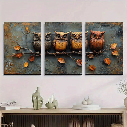 3pcs Vintage Owls Are On Branches Golden Leaves Metal Print Ready to Hang Art