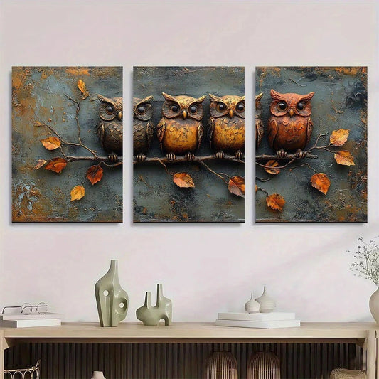 3pcs Vintage Owls Are On Branches Golden Leaves Metal Print Ready to Hang Art