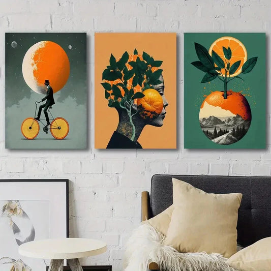3pcs Abstract Fruit Bicycle People Décor Perfect Wall Art Set Canvas Framed 40x60cm - High Quality Print 100% Australian Made Wall Canvas Ready to Hang