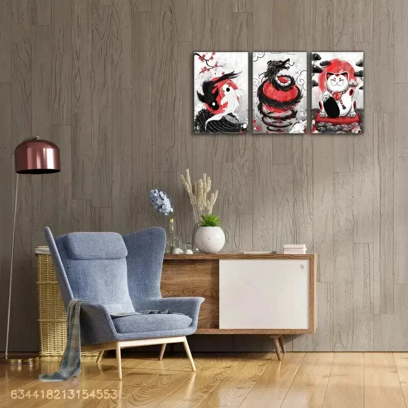 3pcs Fish Animals Dragon Cat Japanese Poster Metal Print Ready to Hang Art