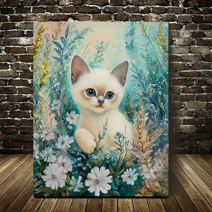 Cute Siamese Kitten with Blue Eyes in Floral 40x60cm Metal Print Ready to Hang