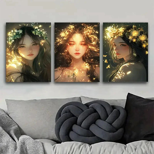 3pcs Glowing Floral Crown Girl Portrait Perfect Wall Art Set Canvas Framed 40x60cm - High Quality Print 100% Australian Made Wall Canvas Ready to Hang