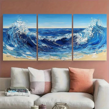 3pcs Blue Abstract Ocean Landscape Wave Beach Wall Art Set Canvas Framed 50x70cm - High Quality Print 100% Australian Made Wall Canvas Ready to Hang