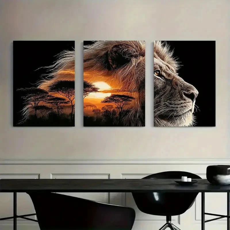 3pcs African Lion Savannah Sunset Wall Art Metal Print Ready to Hang Art