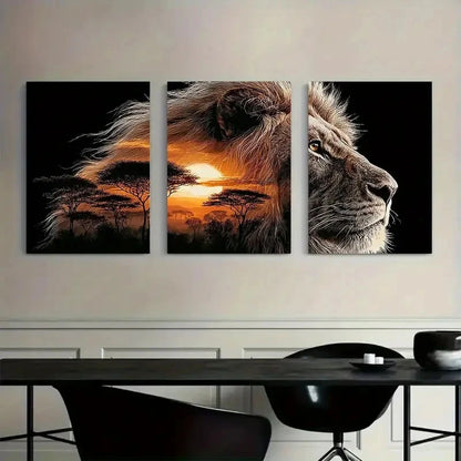 3pcs African Lion Savannah Sunset Wall Art Metal Print Ready to Hang Art