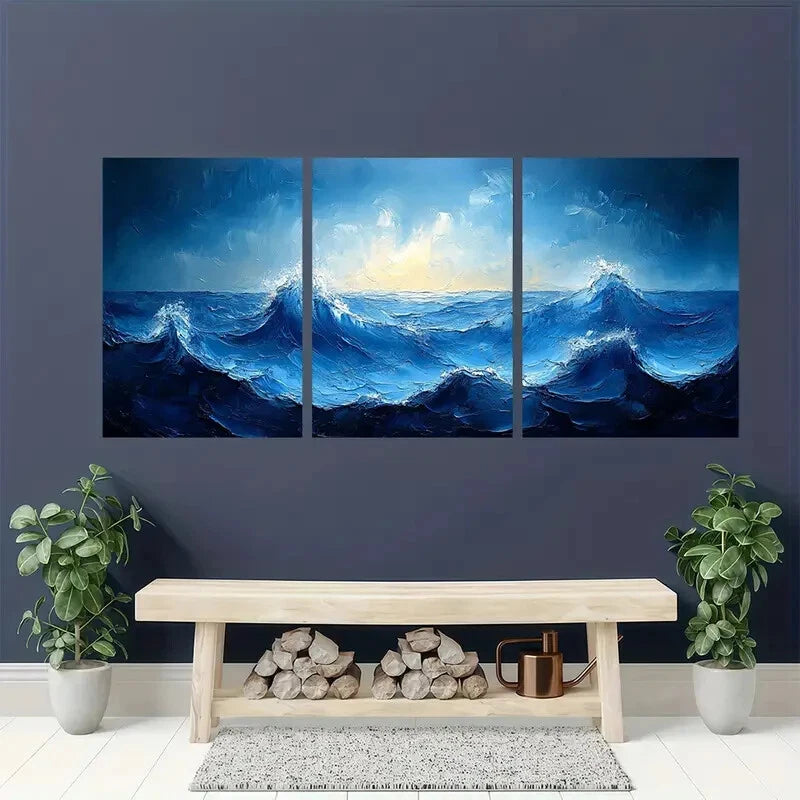 3pcs Blue and White Sea Painting Metal Print Ready to Hang Art