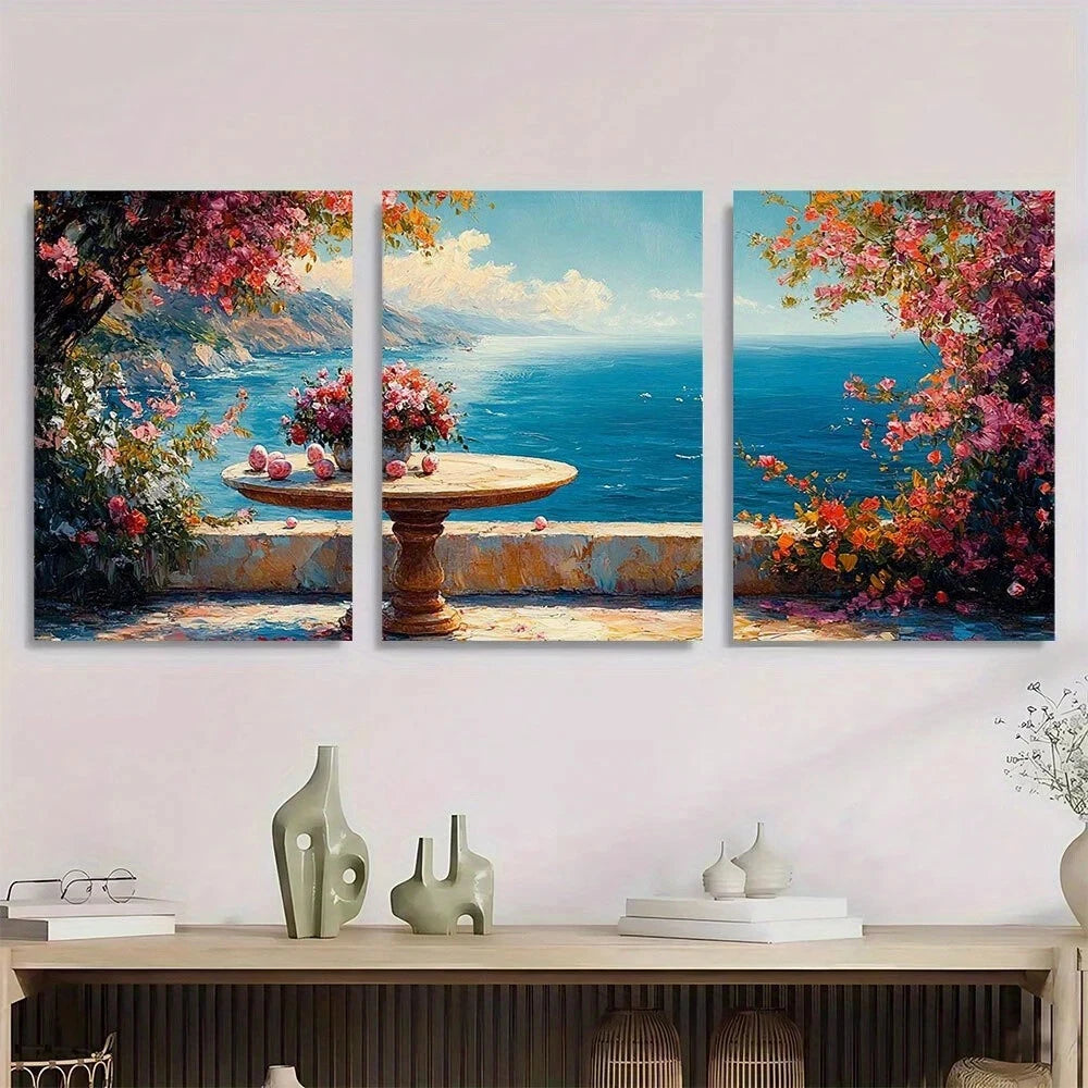 3pcs Floral Garden Vibrant Pink & Blue Flowers Metal Print Ready to Hang Art