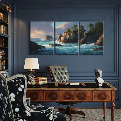 3pcs Serene Coastal Ocean Waves & Rocky Cliffs Metal Print Ready to Hang Art