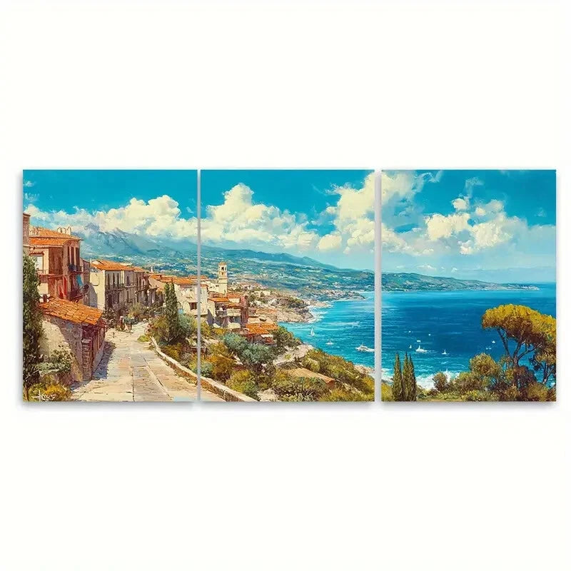 3pcs Vibrant Italian Coastal Scene with Blue SkyM etal Print Ready to Hang Art