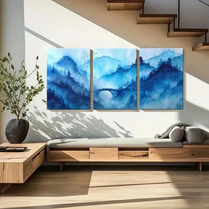 3pcs Blue Mountain Landscape Traditional Pagoda Metal Print Ready to Hang Art