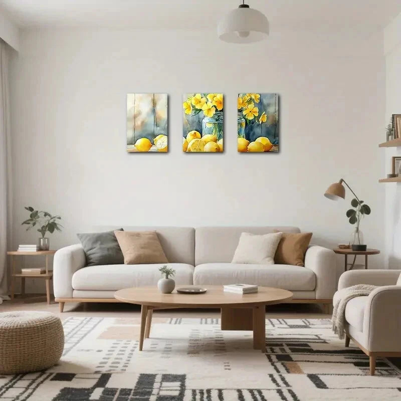 3pcs Abstract Vibrant Yellow Lemon & Floral Motifs Metal Print Ready to Hang Art