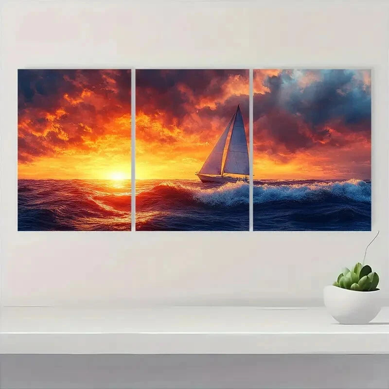 3pcs Minimalist Blue Waves & Sailboat Ocean Metal Print Ready to Hang Art