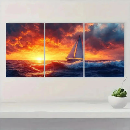 3pcs Minimalist Blue Waves & Sailboat Ocean Metal Print Ready to Hang Art