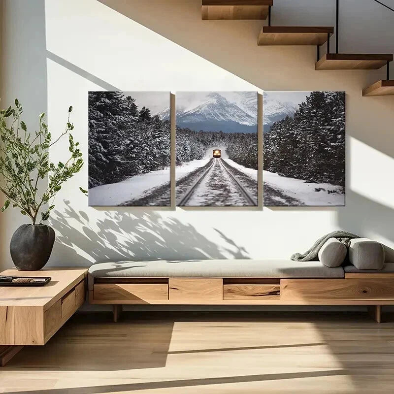 3pcs Snow Scene Steam Train Modern Vehicle Wall Art Set Canvas Framed 40x60cm - High Quality Print 100% Australian Made Wall Canvas Ready to Hang
