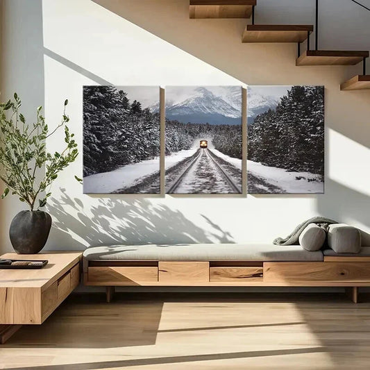 3pcs Snow Scene Steam Train Modern Vehicle Wall Art Set Canvas Framed 40x60cm - High Quality Print 100% Australian Made Wall Canvas Ready to Hang