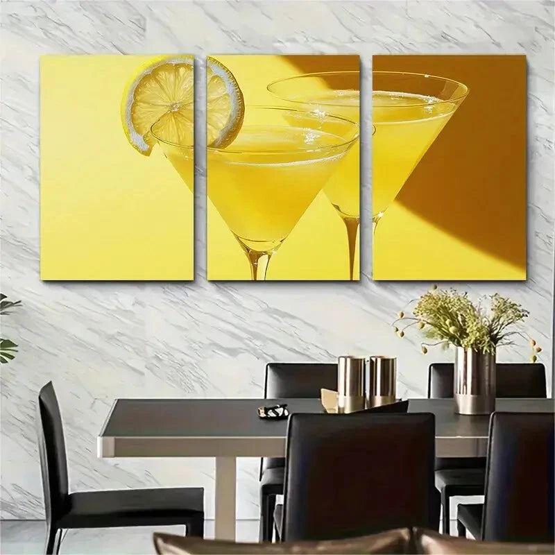 3pcs Vibrant Yellow Cocktail Print with Garnish Metal Print Ready to Hang Art