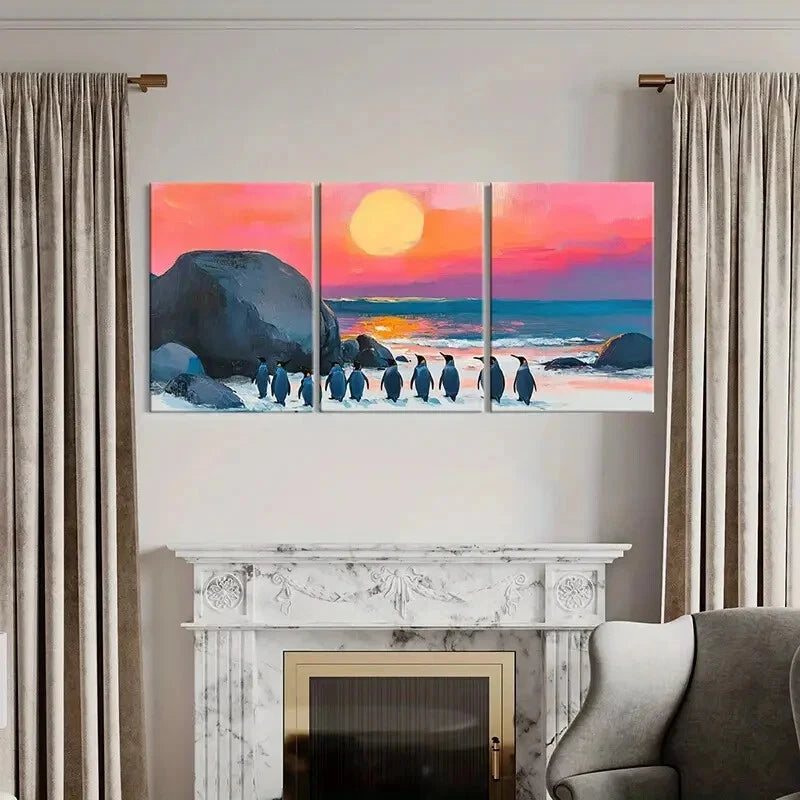 3pcs Artistic Penguins Sunset Beach Landscape Metal Print Ready to Hang Art
