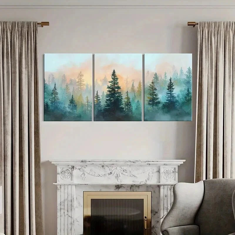 3pcs Forest Silhouette Misty Nature Landscape Metal Print Ready to Hang Art