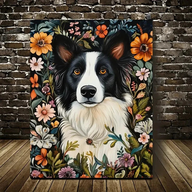 Charming Border Collie Dog with Vibrant Floral Design 40x60cm Metal Print Ready to Hang