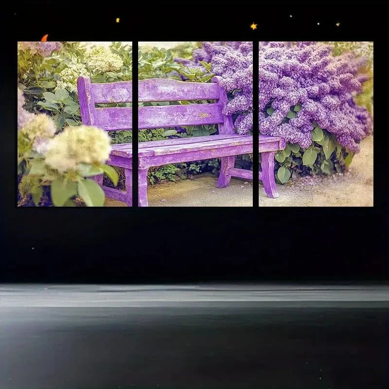 3pcs Vibrant Purple bench in the Park Design Metal Print Ready to Hang Art