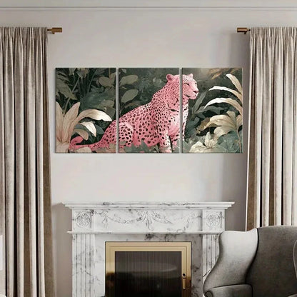 3pcs Artistic Pink Leopard Jungle Scene Metal Print Ready to Hang Art