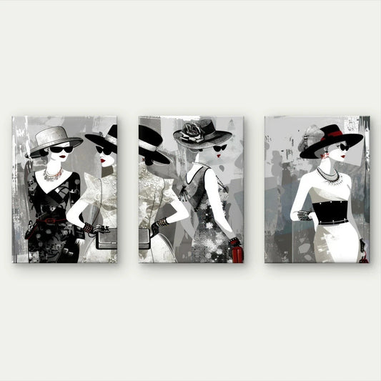 3pcs Glamorous Fashion Women Black & White Chic Wall Art Set Canvas Framed 50x70cm - High Quality Print 100% Australian Made Wall Canvas Ready to Hang