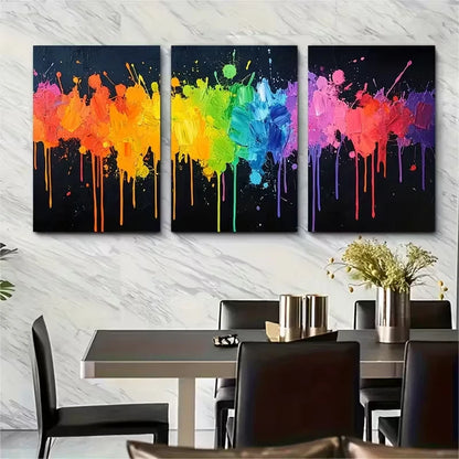 3pcs Rainbow Abstract Colorful Paint Splatters Metal Print Ready to Hang Art