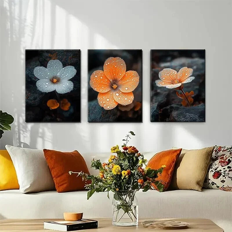 3pcs Orange & White Dew-Kissed Flower Perfect Wall Art Set Canvas Framed 50x70cm - High Quality Print 100% Australian Made Wall Canvas Ready to Hang